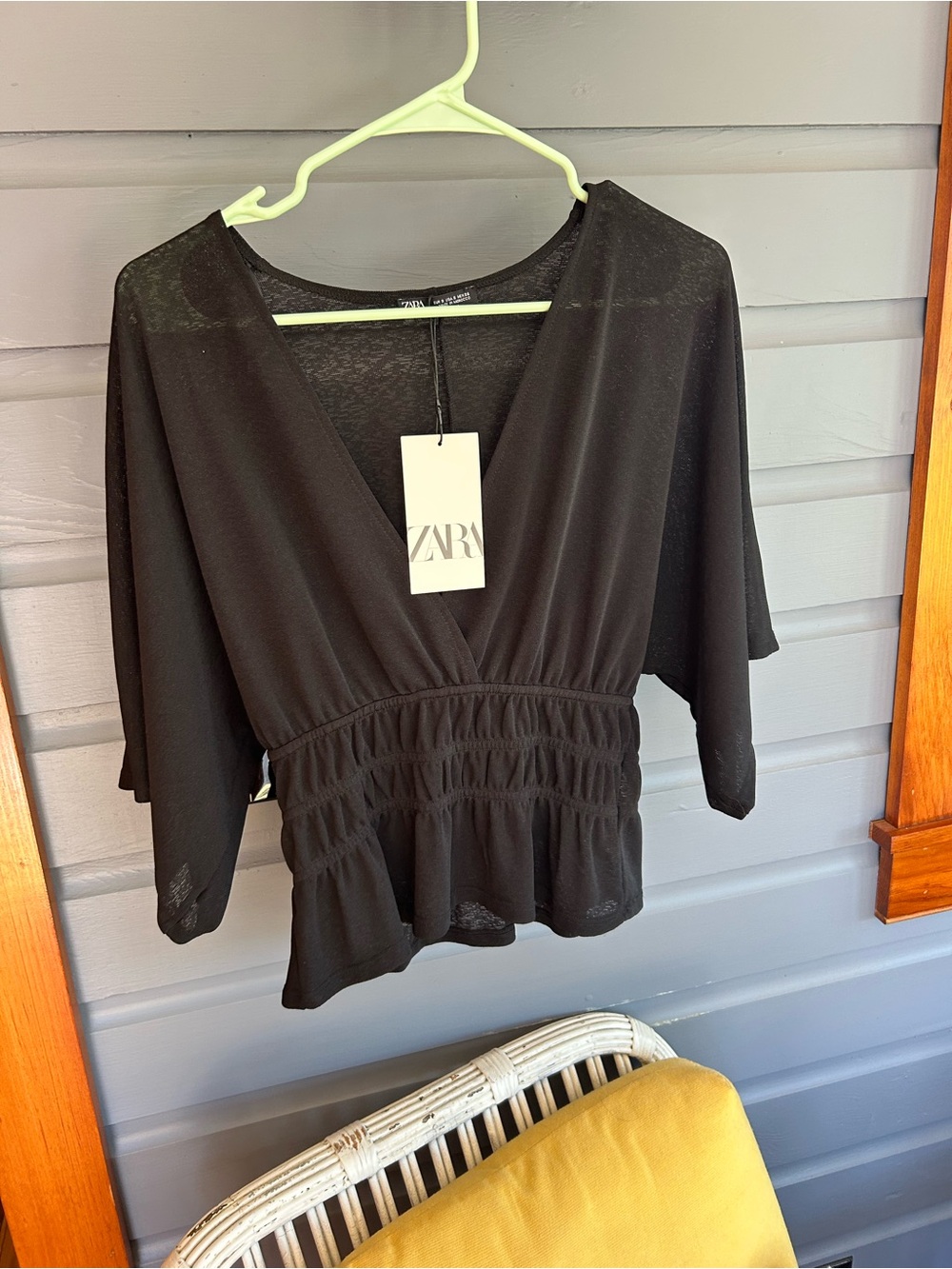 Zara Black V-Neck Smocked Waist Peplum Top